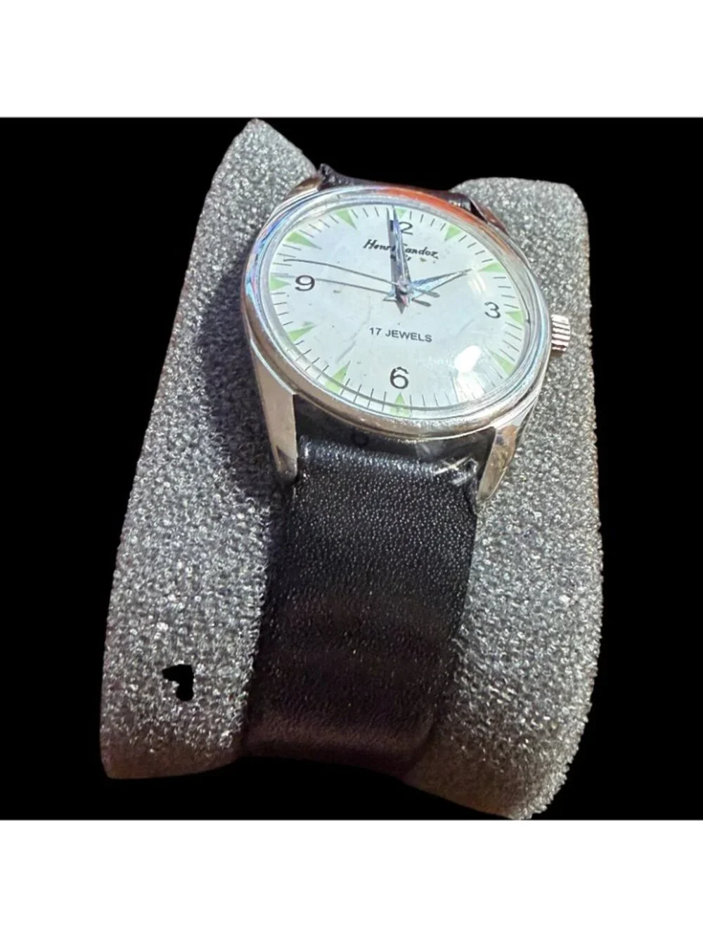 Vintage Henri Sandoz 17 Jewels Mechanical Hand Wind Men's Watch Black Leather